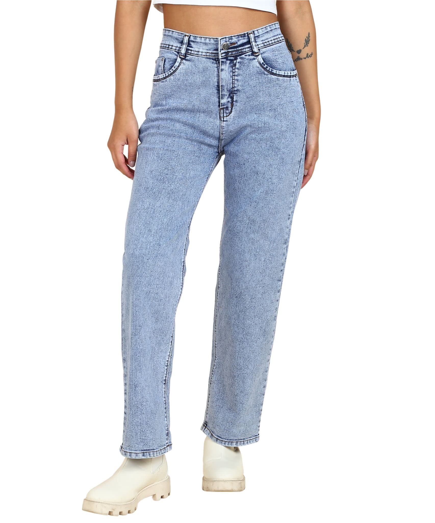 QebooCollection Boyfriend Jeans for Women High Waist Straight Fit Stretchable Denim -1205-$