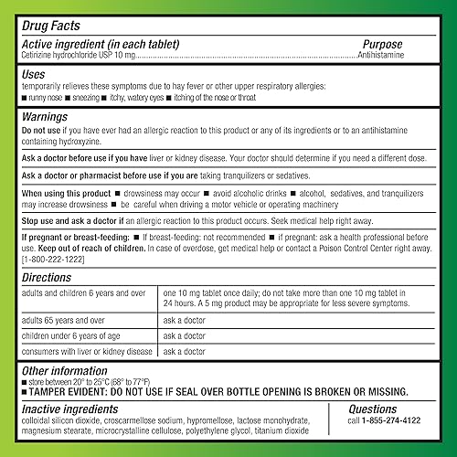 Miniatura 3 de Tienda Basic Care - Pastillas All Day Allergy de 10 mg de diclorhidrato de cetirizina antihistamínico 300 comprimidos