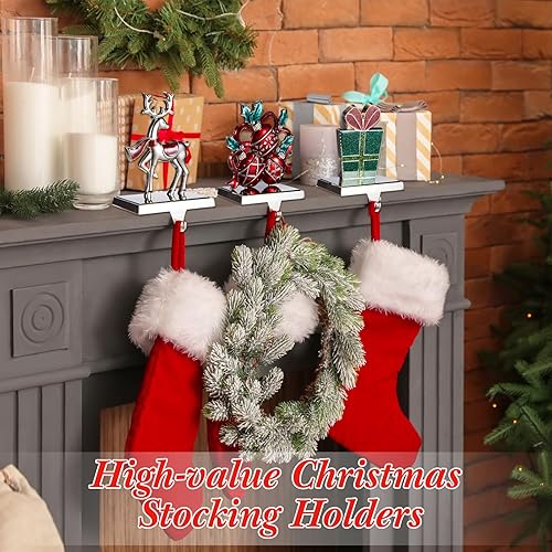 Miniatura 2 de Therwen Juego de 6 soportes para calcetines de Navidad, chimenea, mantel de nieve, copos de nieve, árbol de Navidad, ciervo, Papá Noel, decoración