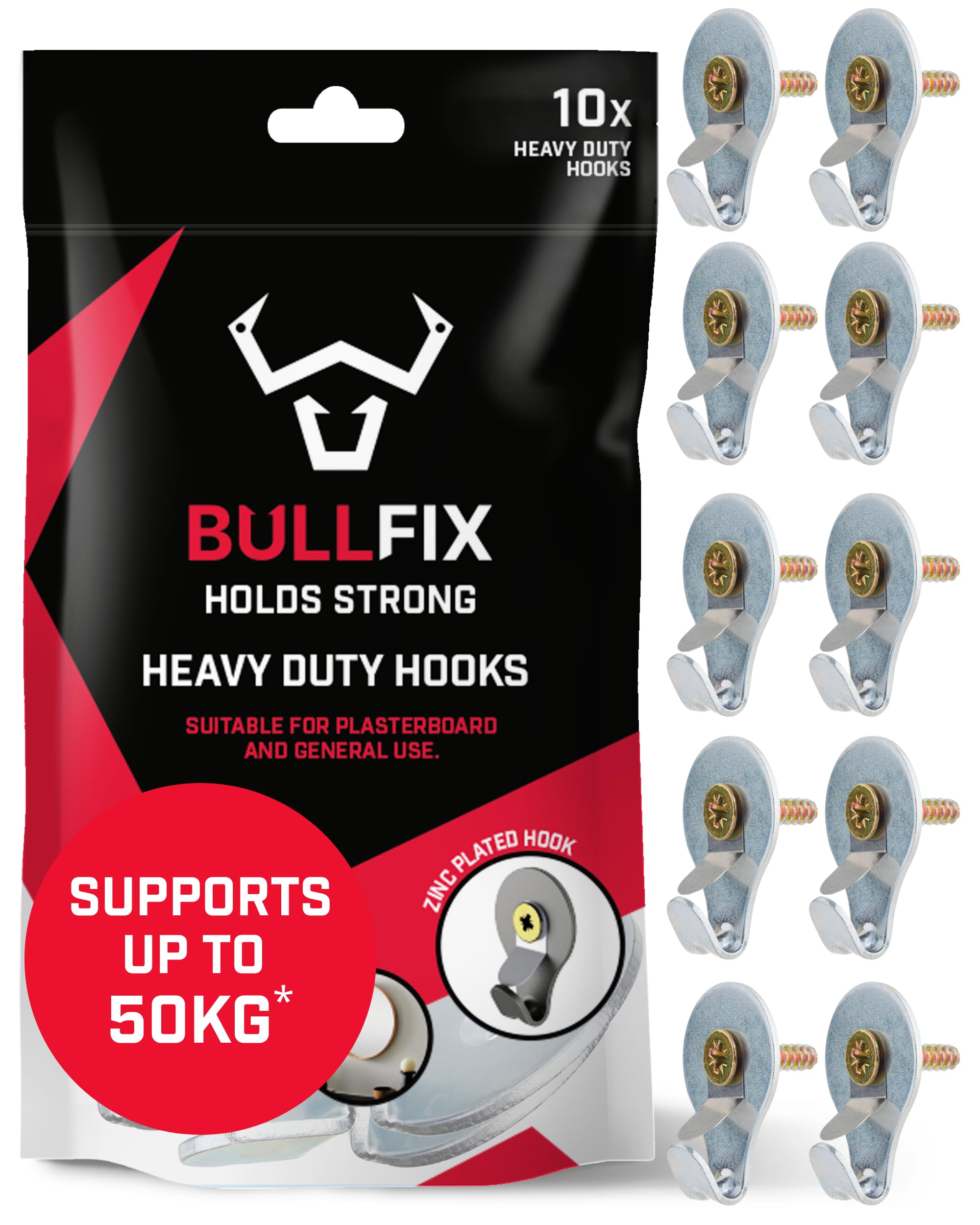 Bullfix Silver Hook - Heavy Duty Picture Hooks, Pack Of 10, Wall Hooks For Hanging Picture Frames Onto Masonry Walls, Timber & Plasterboard, Holds Up To 50Kg, Universal Plasterboard Fixings Kit For Frames