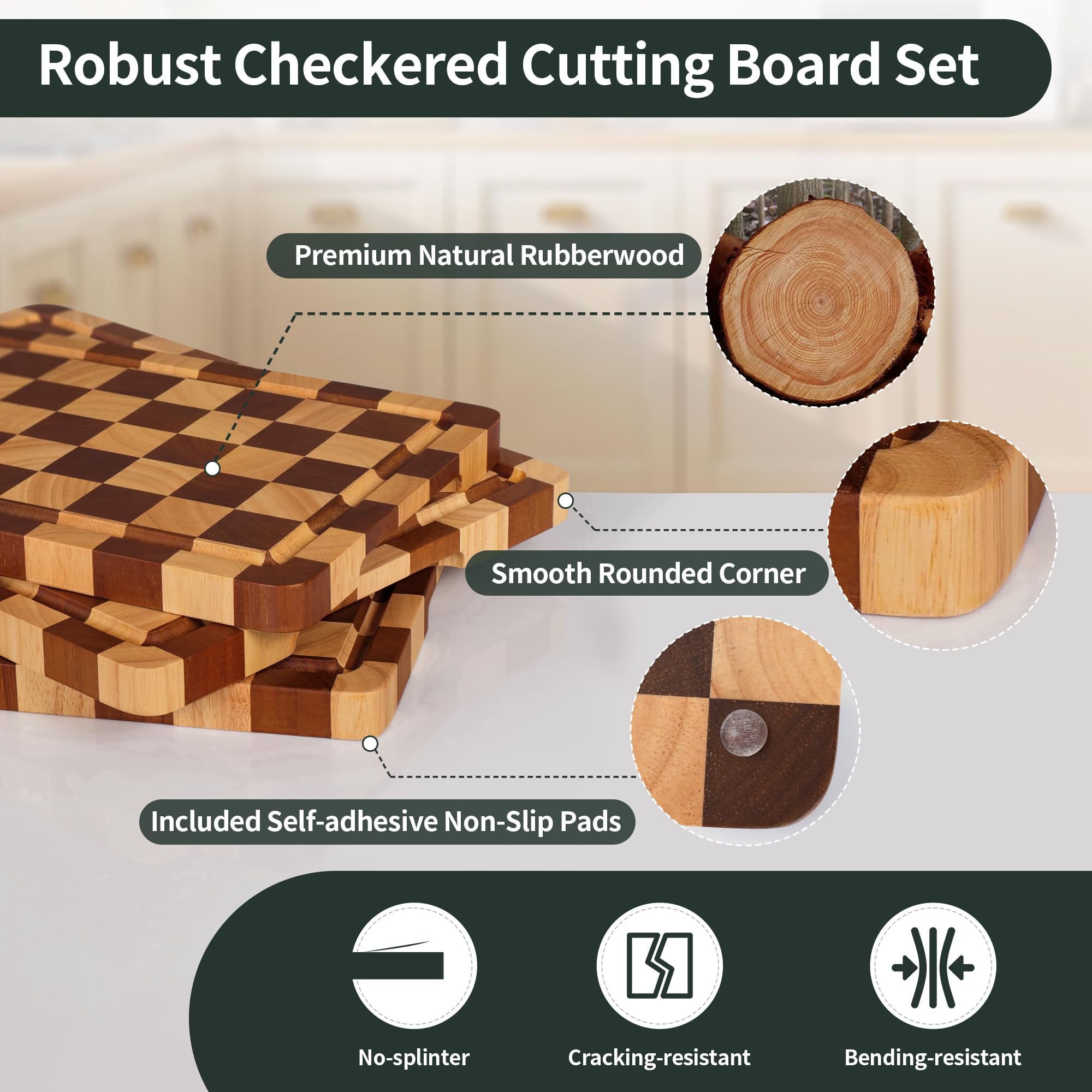 WILLKOMMEN Kariertes Schneidebrett-Set, 3-teilige Holz-Schachbrett-Endmaserungs-Schneidebretter mit Halter und Saftrille, Holz-Küchenschneidebretter zum Zubereiten und Servieren (S, M, L)