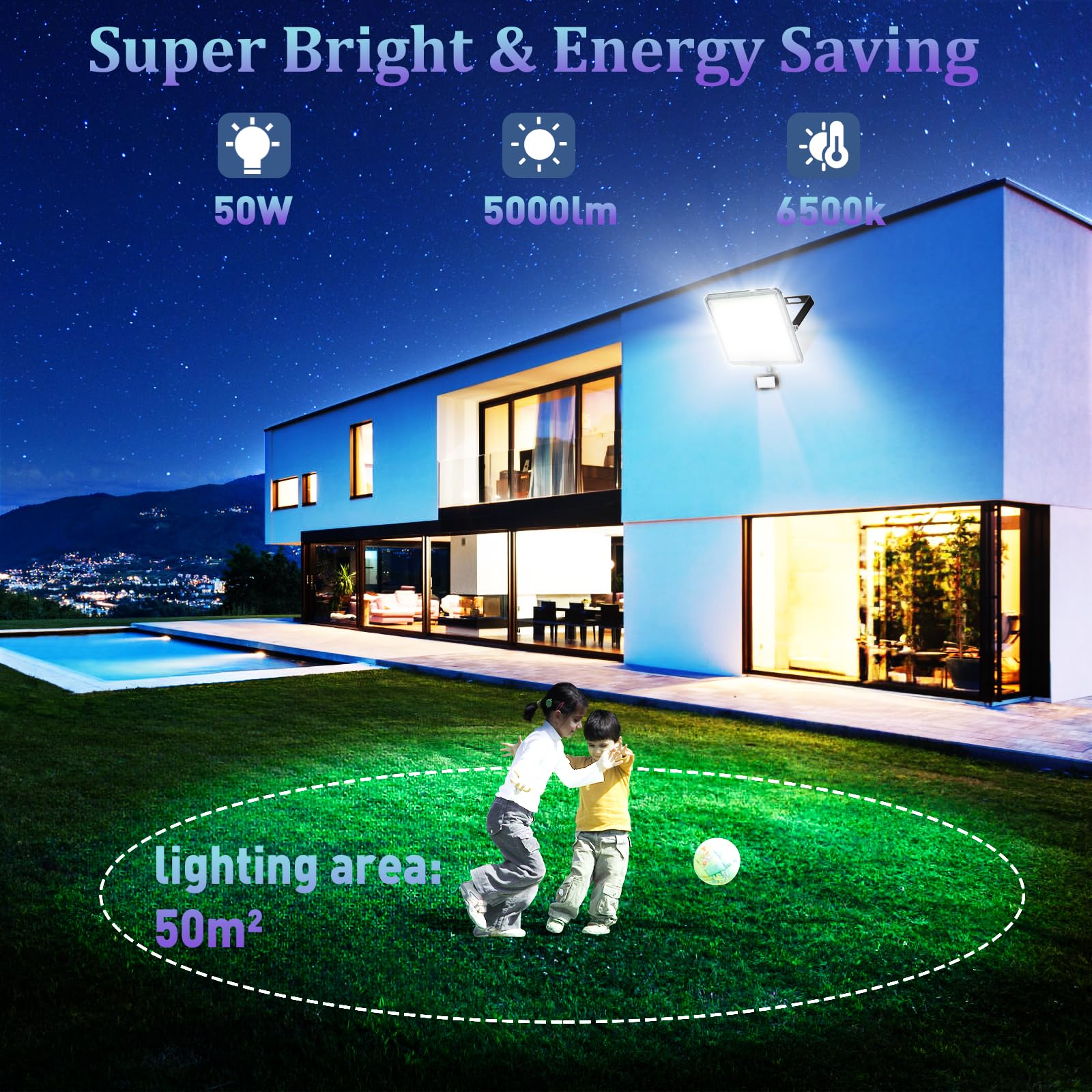 LED-Außenstrahler mit Detektor, 2 Stück, 50 W, 5000 lm, LED-Spot für den Außenbereich, mit Detektor, IP67, wasserdicht, Außenstrahler, 6500 K, Sicherheitsleuchte für Garten, Garage, Patio