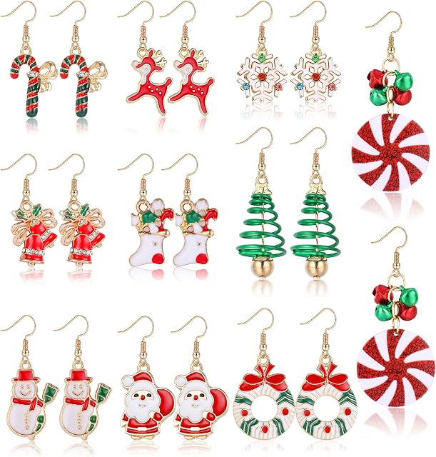 LOLIAS 10 Pairs Christmas Dangle Earrings for Women Christmas Tree Snowflake Candy Santa Claus Jingle Bell Snowman Holiday Earrings Set Xmas Clip On Earrings Jewelry Gifts