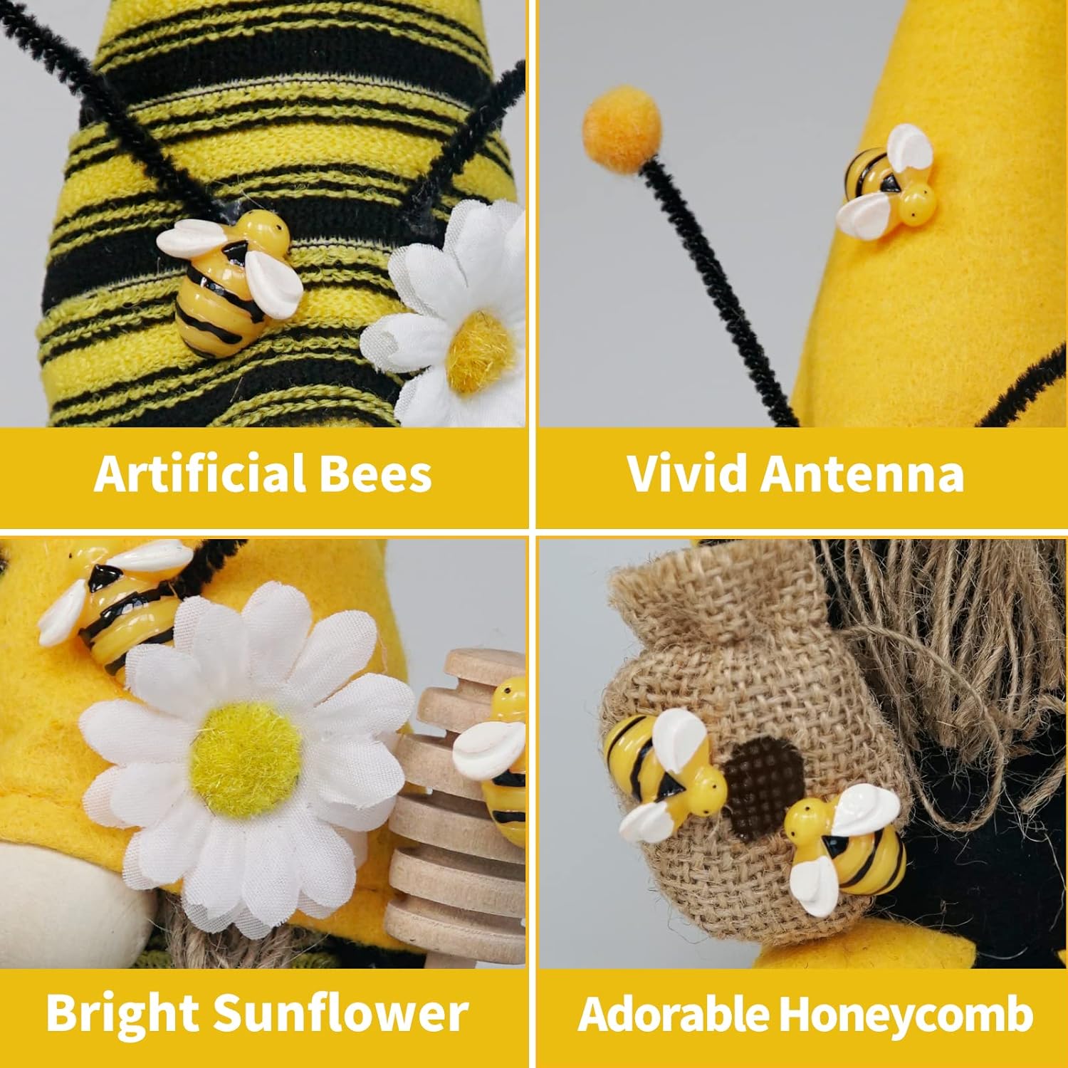 Bumble Bee Gnome Plush, Spring Honeybee Decor, Mr and Mrs Gnomes Plush Tomte Elf World Bee Day Figurine for Rustic Farmhouse Tiered Tray - Image 4