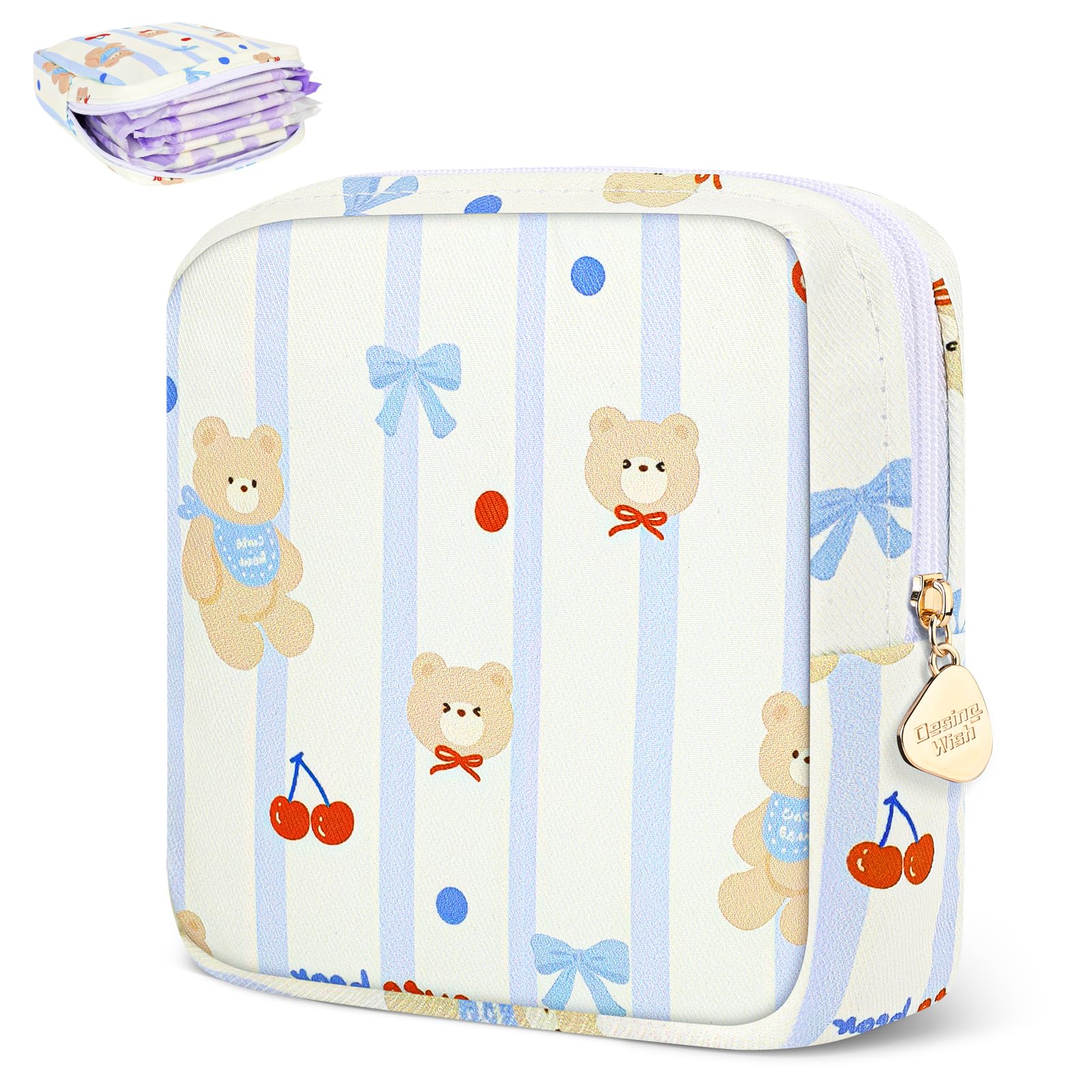 Sanitary Pad Storage Bag Portable Period Bag for Teen Pads/Sanitary Napkins/Small Tampons, Sanitary Napkin Storage Bag First Period Gifts for Teen Girls (Bowknot Bear)