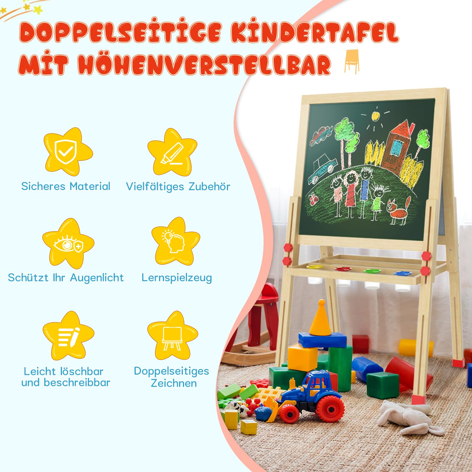 Dripex Bambini con Cavalletto pieghevole in Legno Regolabile in Altezza, Lavagna a Doppia Faccia con 26 Accessori per la pitturaper(49x49x88-105cm)