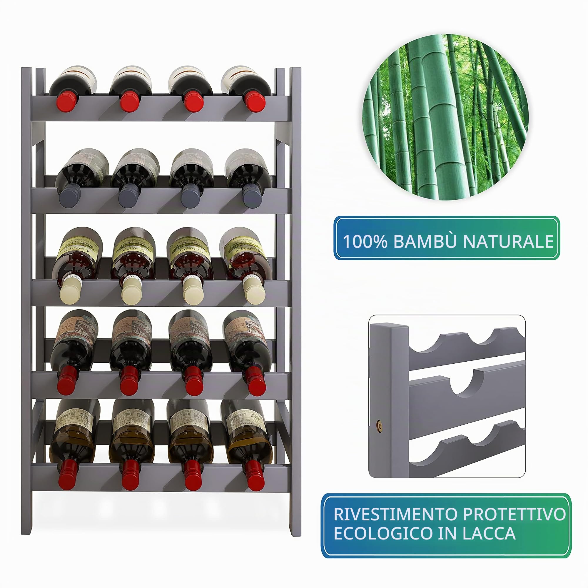 SMIBUY Portabottiglie in bambù, Portabottiglie da 20 Bottiglie, Scaffali a 5 Livelli per Cucina, Dispensa, Cantina, Bar (Grigio)