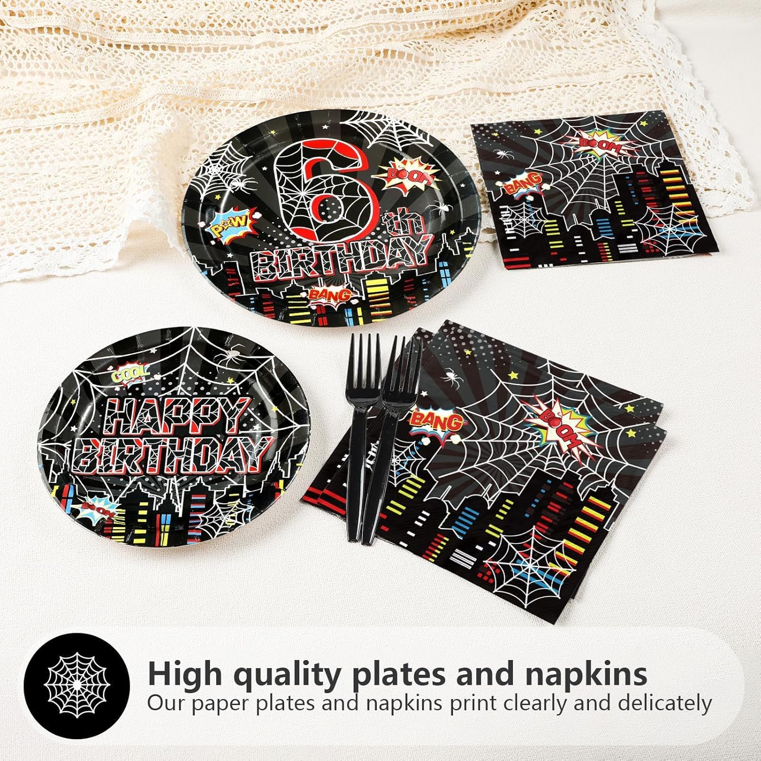 96Pcs Spider 6th Birthday Party Decorations Black Spider 6th Birthday Plates and Napkins Cartoon Super Theme Hero Paper Tableware Set for Boys Kids 6 Year Old Birthday Party Supplies Serves 24 - Image 4