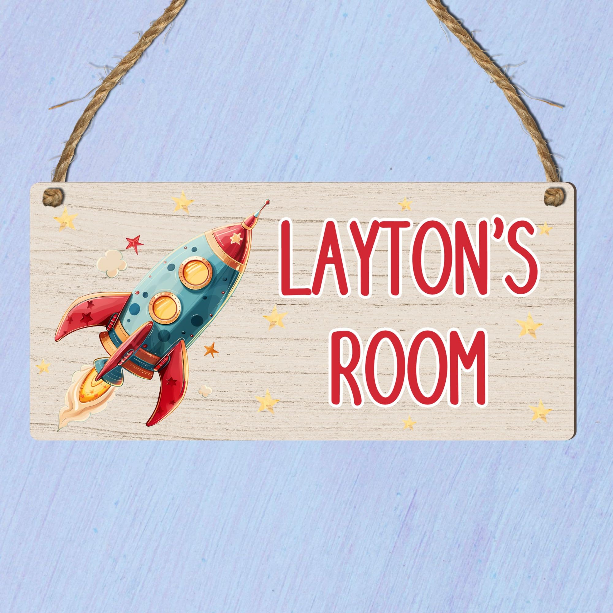 Custom Kids Room Name Plaque | Personalised Boys Bedroom Sign | Wooden Hanging Door Sign | Car, Dinosaur, Football, Tractor, Gaming Designs (Rocket) — image 1