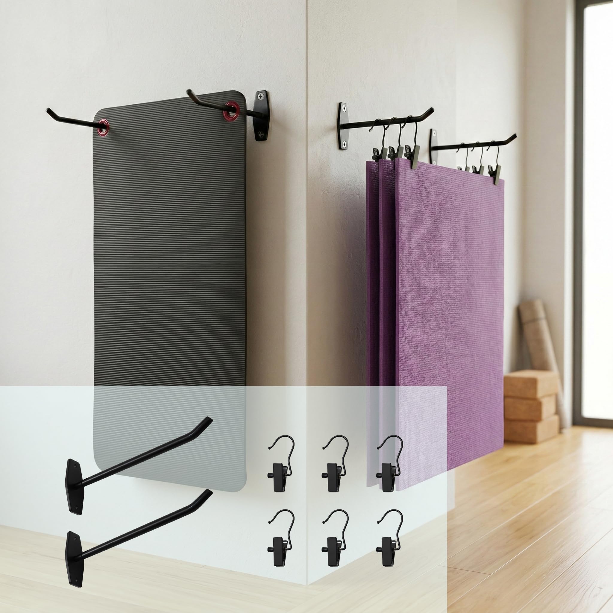 Yoga Mat Holder Wall Mount: Hanging Exercise Mat Rack - 2 Pack Heavy Duty Adjustable Hooks & 6 PCS Clips for Yoga Mat, Eyelet Mats, Foam Rollers & Gym Equipment Storage - Organizer for Fitness Workout-picture-46