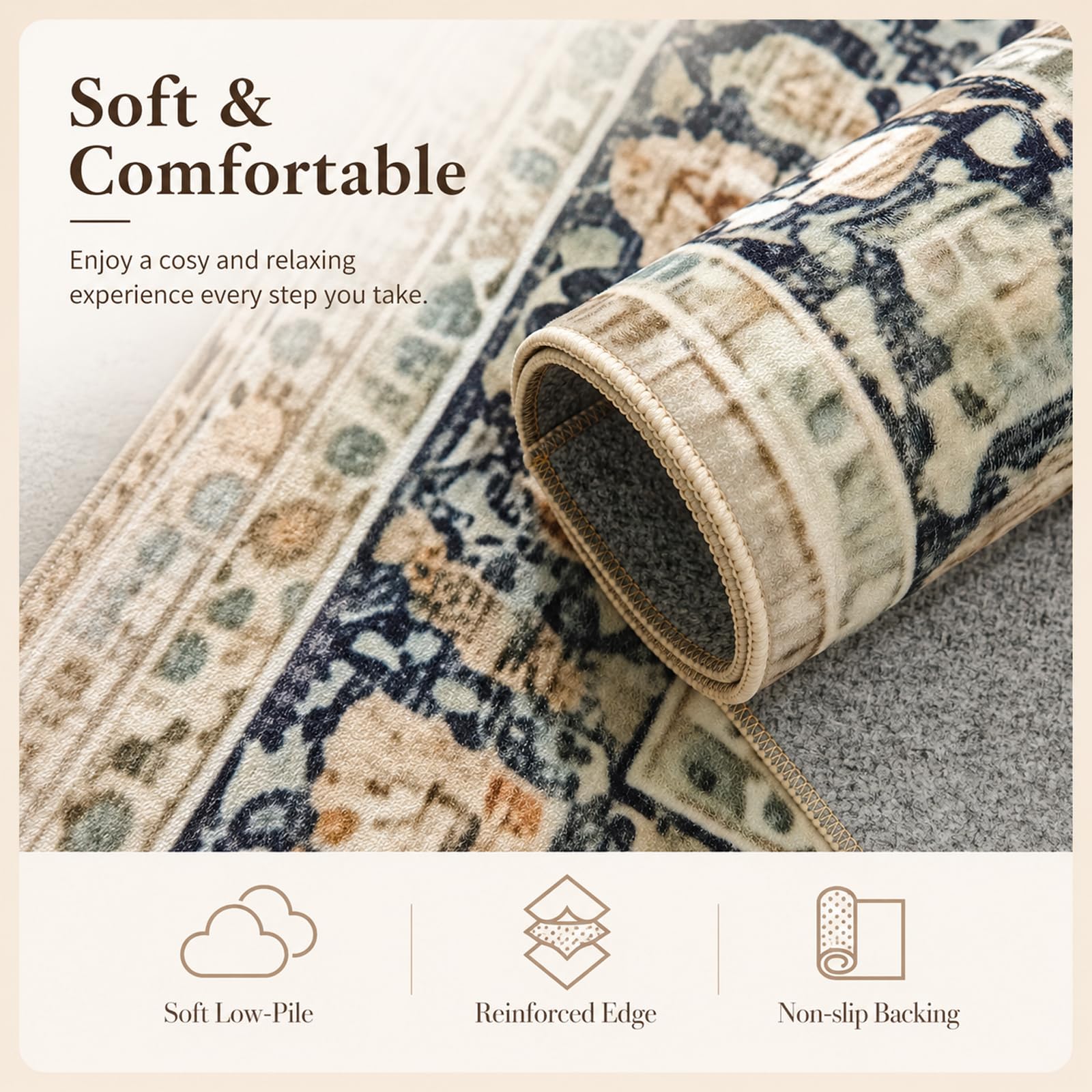 Tapis vintage lavable, pour salon, vert sauge, à poils bas, antidérapant, tapis doux avec motif vieilli pour chambre à coucher, salle à manger et salon - 140 x 200 cm