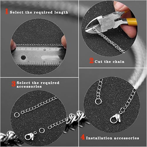 Miniatura 4 de Cadena de acero inoxidable de 55 pies para hacer joyas, cadena de eslabones giratorios para pulsera, cadena de joyería con 100 anillos de salto y