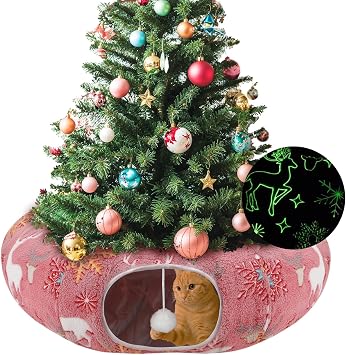 Cat Tunnel Bed Glow-in-the-Dark, Winter Pattern Donut Cat Tunnel for Indoor Cats, Foldable Peekaboo Cat Cave Toy with Hanging Balls, Soft Plush Non-Slip, 35.4in M/L Kitties