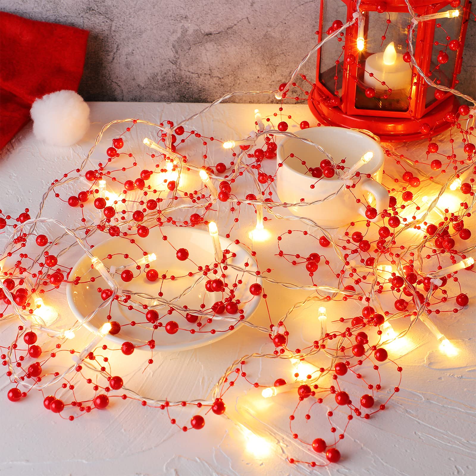 MCEAST Guirnalda de Navidad con cuentas de bayas rojas de 13 pies de Navidad con 40 luces LED iluminadas con cuentas de bayas para Navidad, decoración interior y exterior