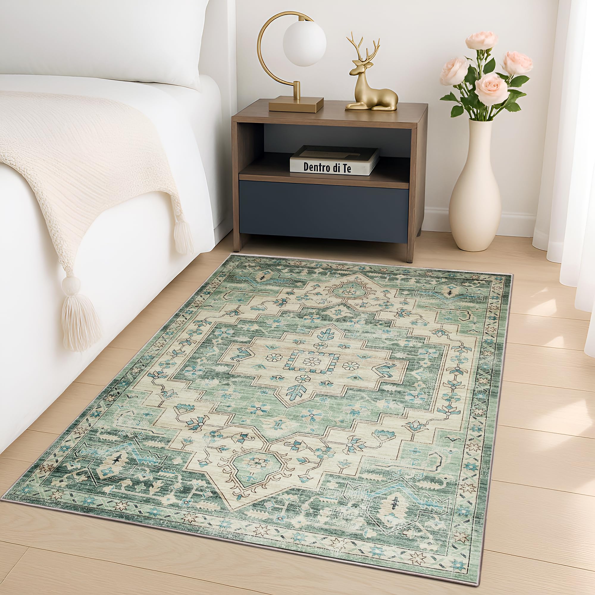 BedLooms Washable Sage Green Rugs Living Room 80x150 cm Vintage Area Rugs for Bedroom Non Slip Carpet for Kids Room Traditional Boho Rug for Kitchen Dinning Room Lounge (Ember)