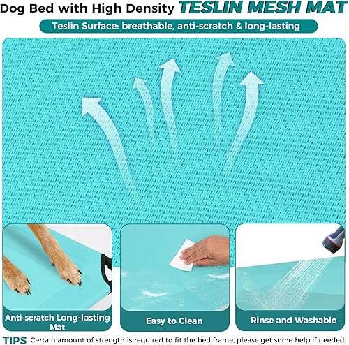 Miniatura 4 de Cama elevada para perros resistente al viento con toldo y estacas, 3 lados 90% bloqueo UV, alfombrilla de malla Teslin a prueba de mordeduras para