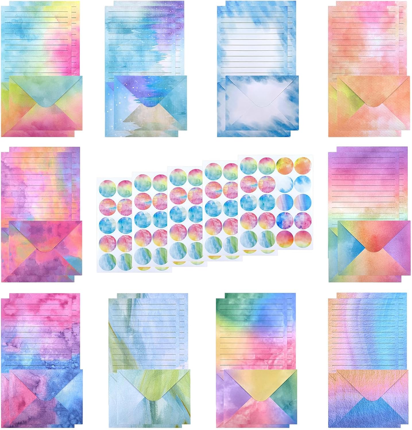 Tanstic 200 Pieces 50 Sets 5.5 x 8.25 Inch Watercolour Writing Paper Set with Envelopes and Mini Writing Paper with Round Dot Stickers for Invitations Letters