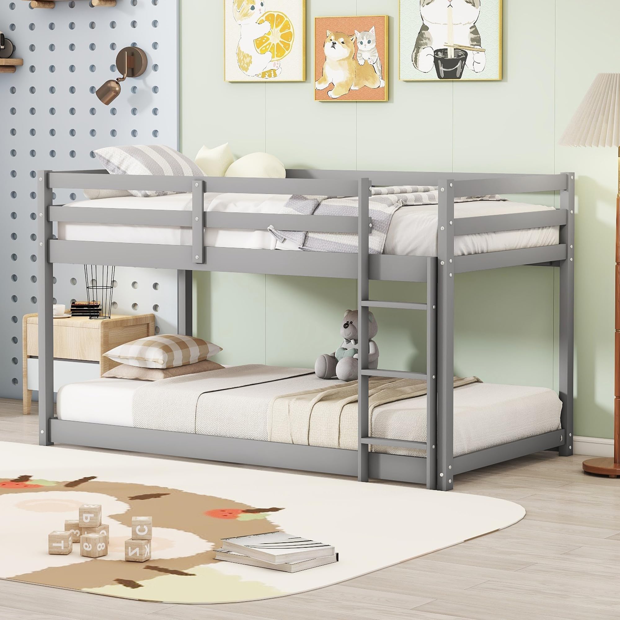 Harper & Bright Designs Low Bunk Bed Twin Over Twin, Wood Twin Kids Bunk Bed with Ladder, Floor Bunk Bed Frame for Boys, Girls, No Box Spring Needed, Easy Assembly, Grey