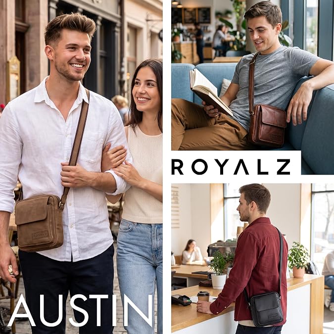 ROYALZ 'Austin' Modern Genuine Leather Shoulder Bag Small Men's Shoulder Bag Mini Messenger Bag Vintage Leather Bag for Hanging Small Men Shoulder Bag
