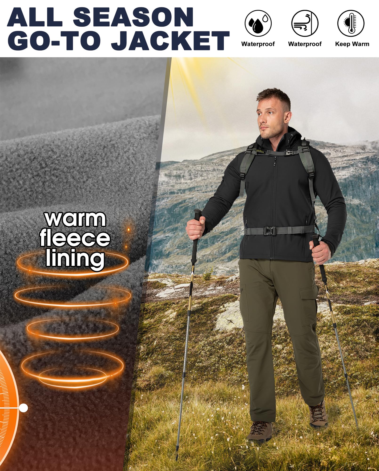 33,000ft Veste softshell imperméable et respirante pour homme - Veste demi-saison coupe-vent - Veste de randonnée avec capuche