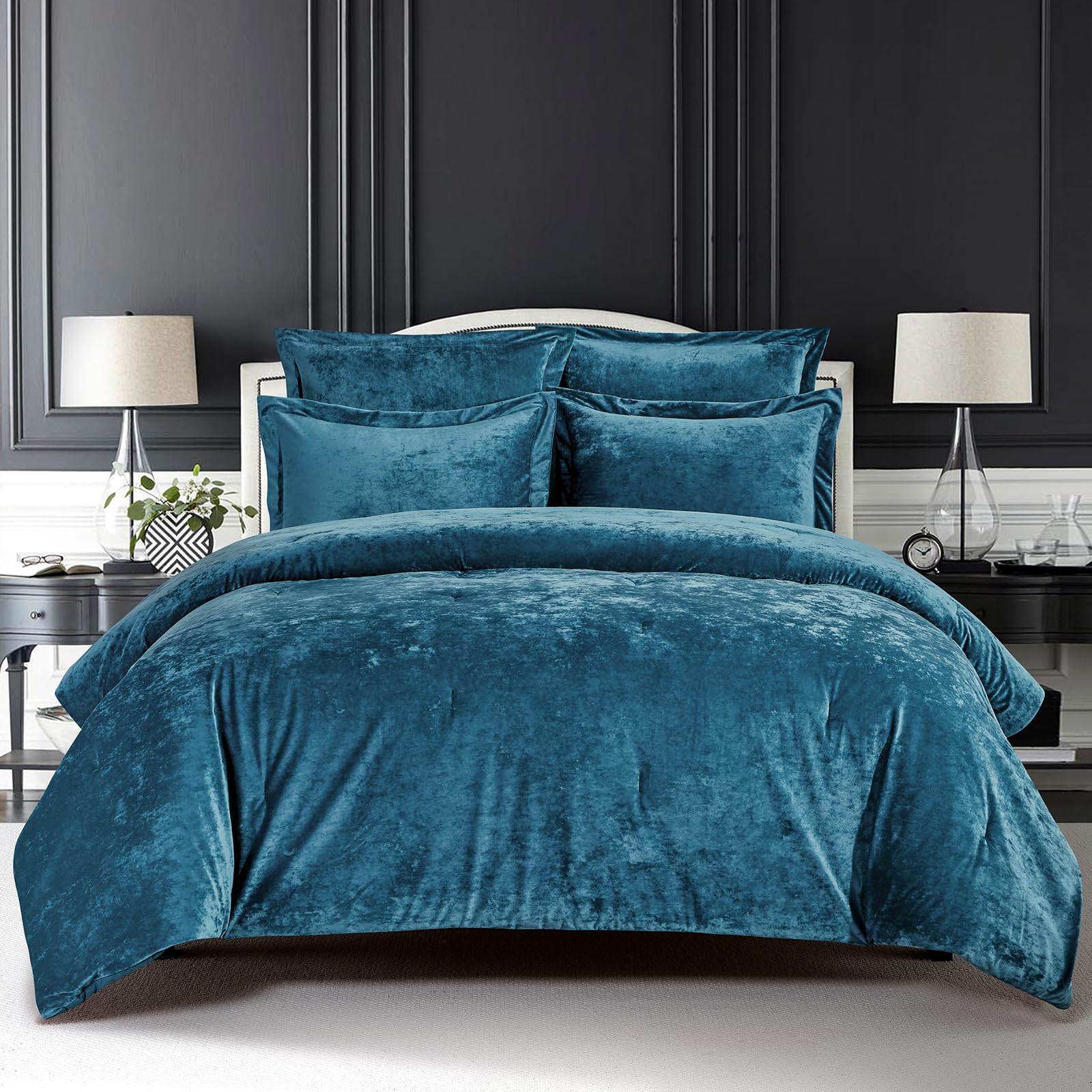 Sunshine Nicole Distressed Velvet Comforter Set, Distressed Velvet Face and Brushed Solid Microfiber Reverse, with Light Weight Soft Poly Fill, 5 Pieces Teal, King