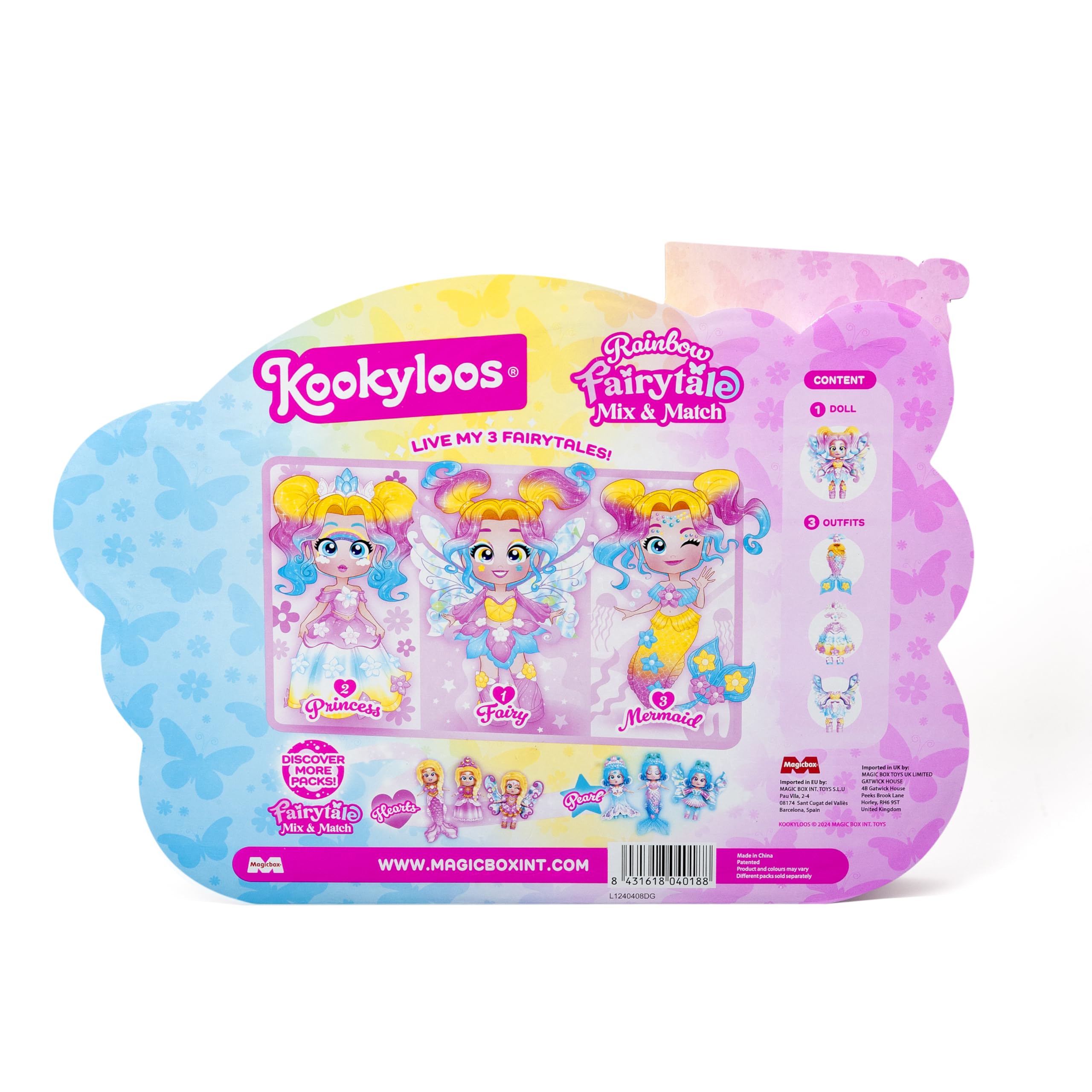 KOOKYLOOS Fairytale Mix & Match Rainbow – lalka fantasy 3 w 1, zawiera 1 lalkę, 1 kostium księżniczki, 1 strój syrenki i 1 strój wróżki