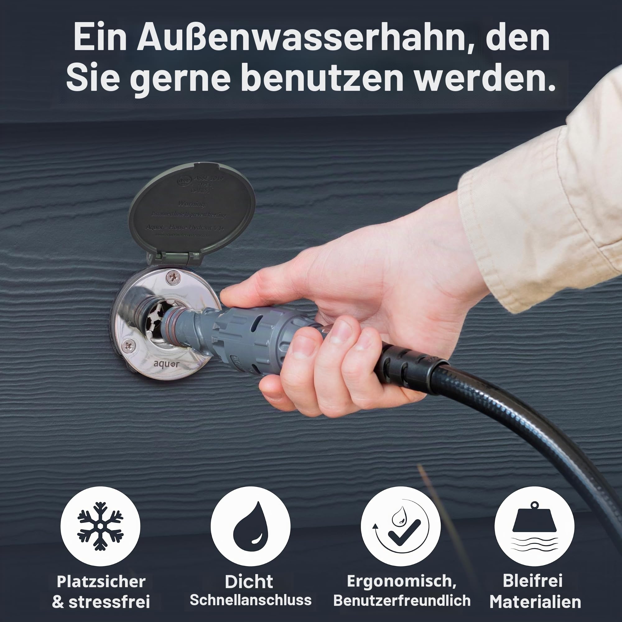 Aquor House Hydrant V1+ Frostfreier Outdoor-Gartenarmatur mit Schnellanschluss und Anti-Siphon, 25,4 cm, schiefergraues Polymer