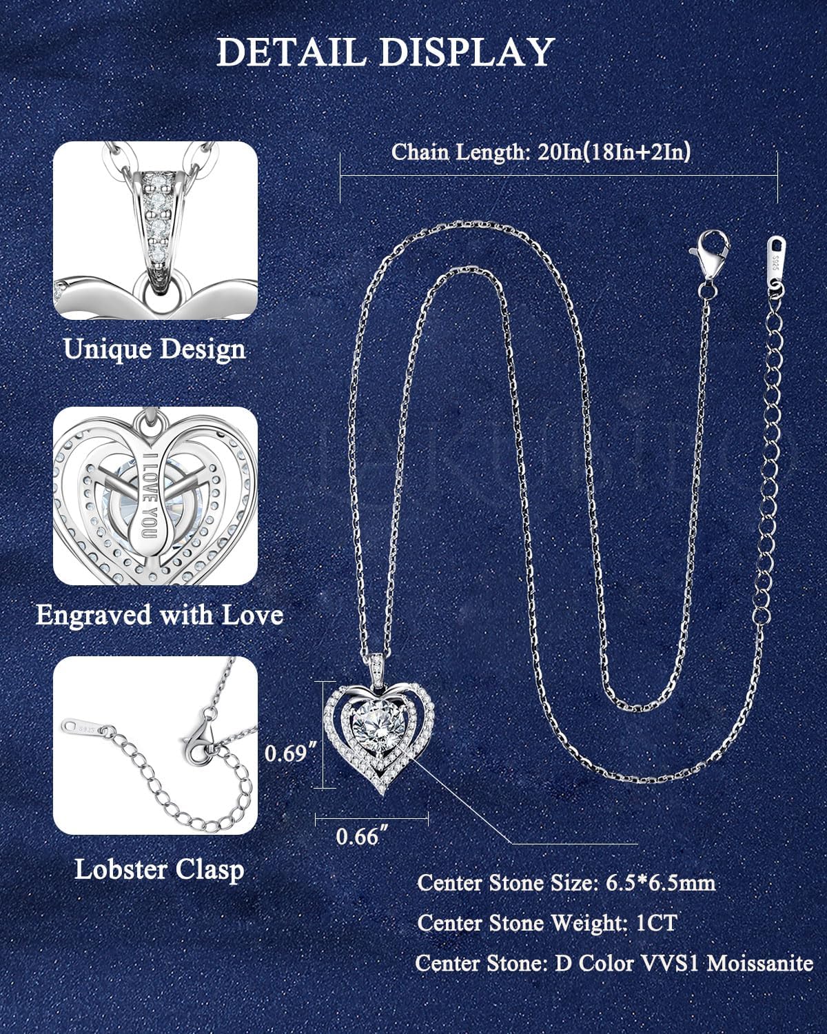 Moissanite Heart Necklaces,1-3 Carat Moissanite Necklace, Pendant Necklace Engraved with 'I LOVE YOU,Wedding Gifts,Birthday Gifts for Her,Jewelry Gifts for Christmas Valentine's Day - Image 5