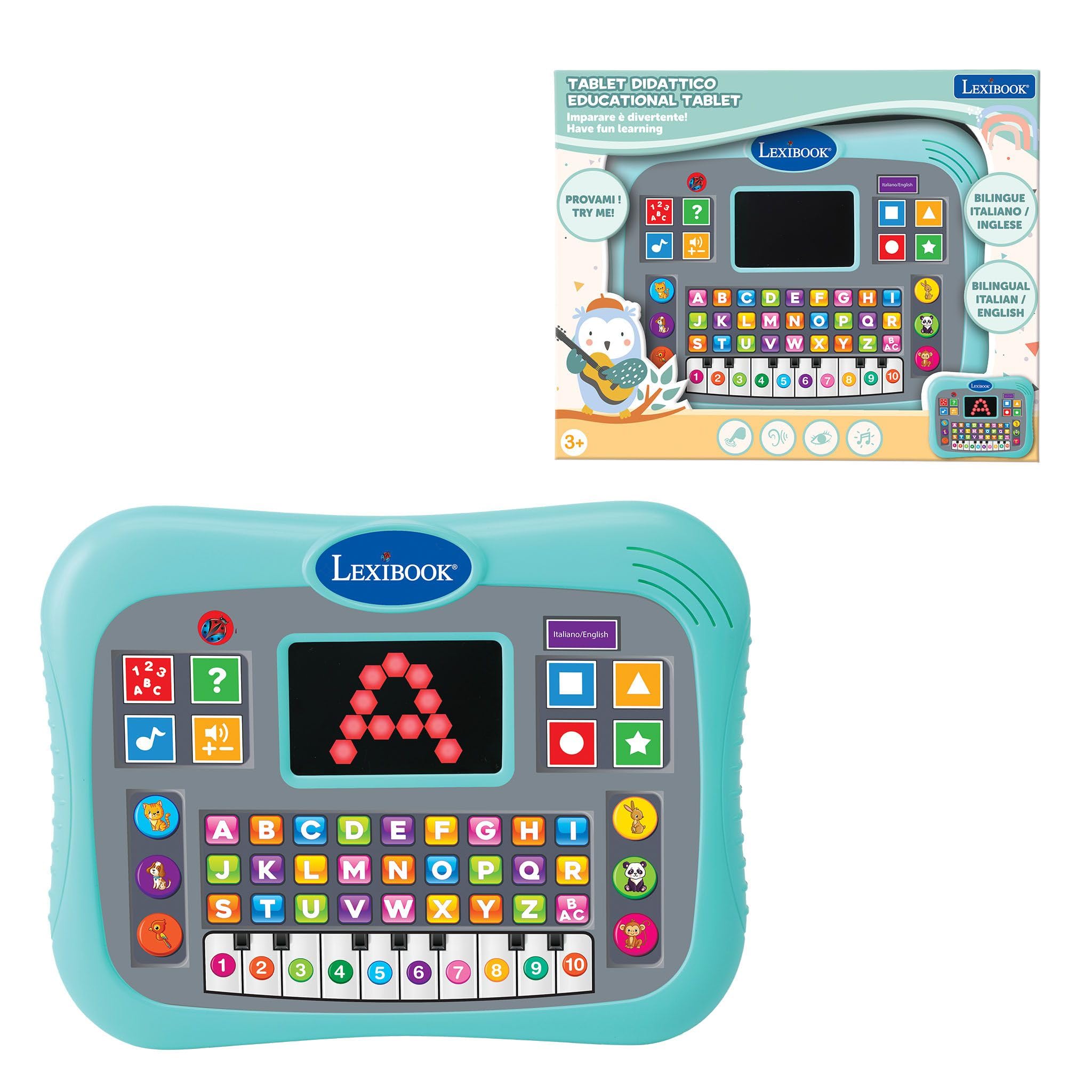 LEXIBOOK, Educational Tablet, Bilingual ENGLISH/ITALIAN, Talking Tablet with Screen to Learn the Alphabet, Numbers, and Animals, Piano and Interactive Quiz Modes, Blue, JCPAD007i5