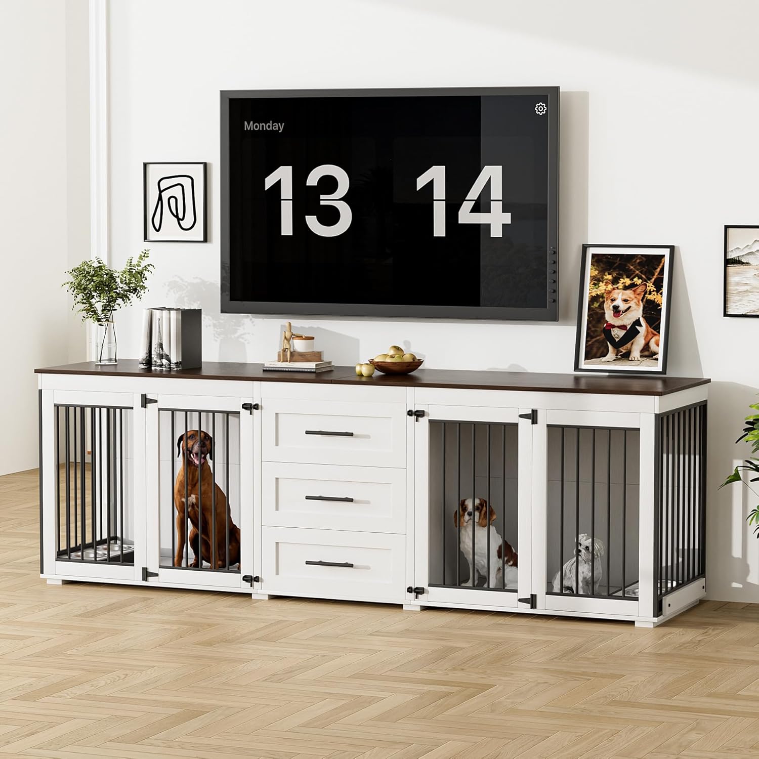 Rophefx 94.5" Dog Crate Furniture for 2 Dogs, Large Dog Kennel Furniture with 3 Storage Drawer, Wooden Dog Cage with 4 Bowls, Indoor Dog House TV Stand with Locks for Large Medium Dog, White