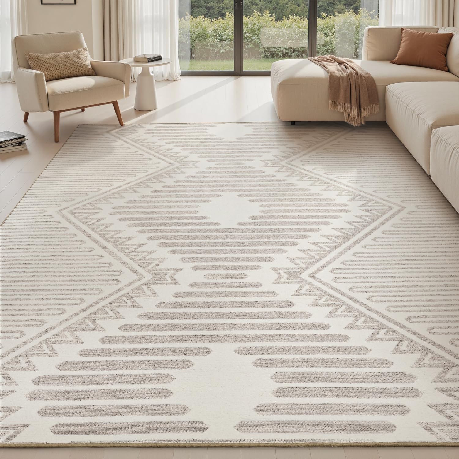 Area Rug for Living Room Rug 9x12 High Low Textured Jacquard Tufted Boho Geometric Washable Bedroom Rug Carpet for Dining Room Nursery Non Slip Large Beige