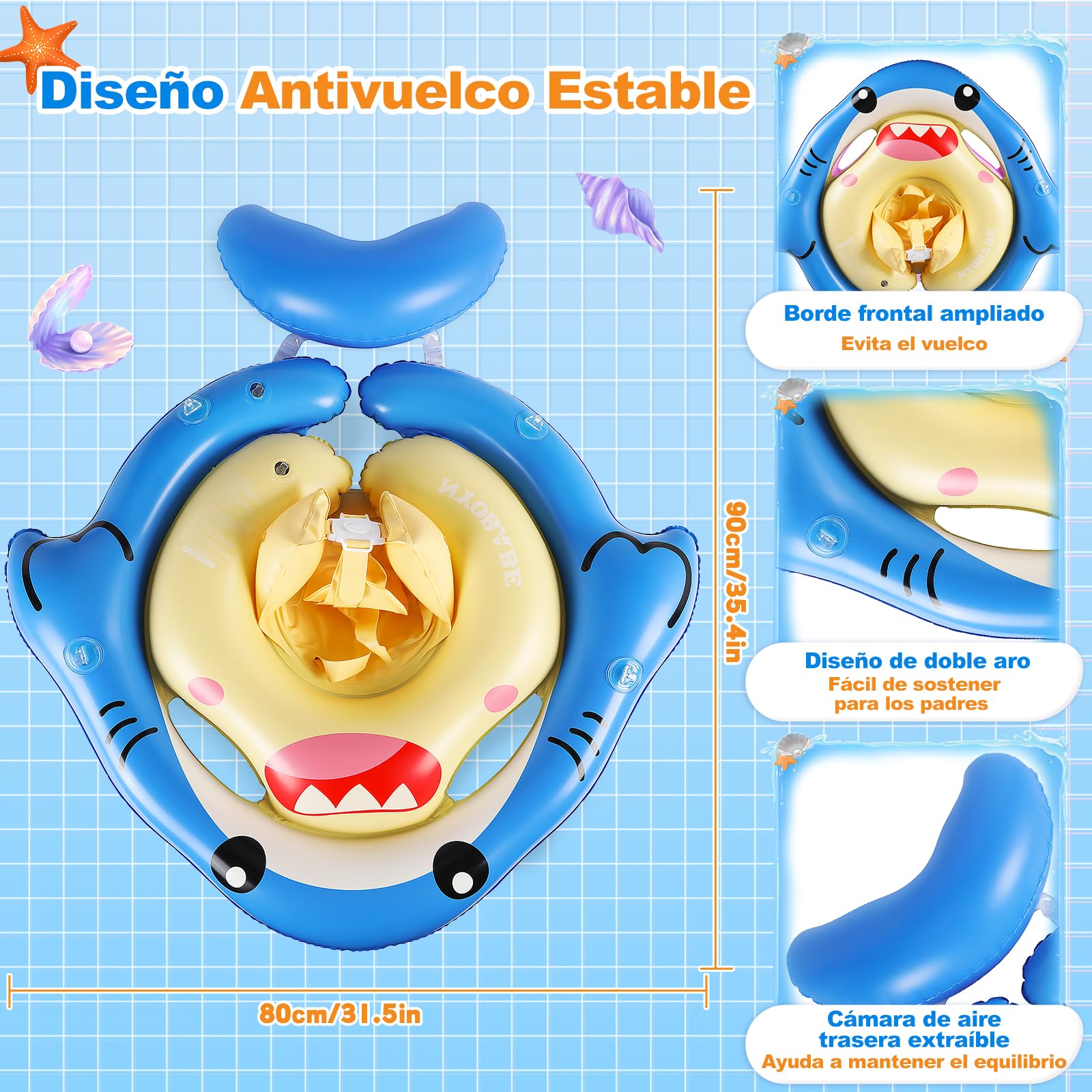 NYOBABE Flotador Bebe para 6-36 Meses, Flotador Bebe con Sombrilla UPF 50+ y Doble Cámara de Aire, Asiento de Seguridad Ajustable, Cámara de Aire Trasera Antivuelco, Flotador para Bebés 1-3 Año — view 2