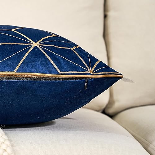 Miniatura 7 de Aeckself Funda de cojín de terciopelo bordada de terciopelo de 12 x 20 pulgadas, color azul marino y dorado, funda de cojín rectangular moderna de