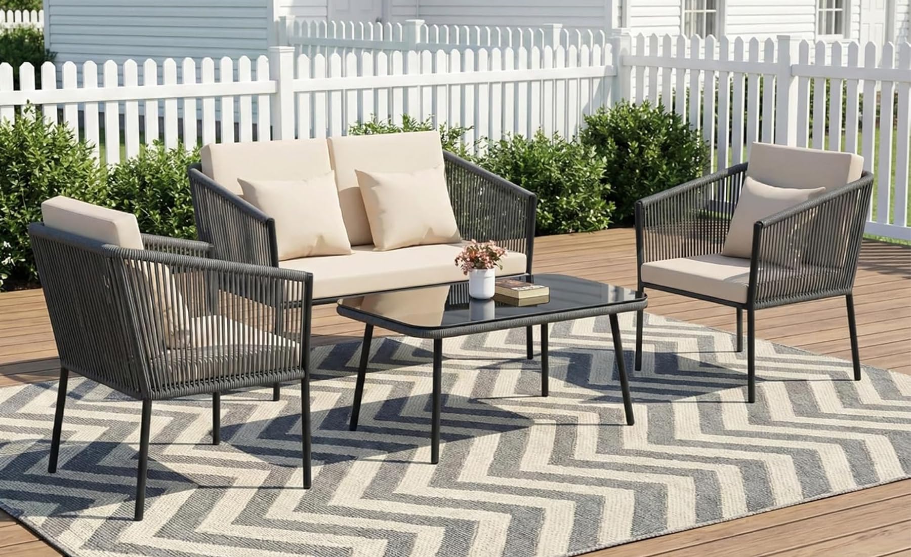 Amazon Brand - Solimo Braid and Rope 4 Seater Patio Sofa Set with Cushions and Table | Patio Conversation Furniture | Ideal for Outdoor, Garden, Balcony, Living Area (Grey-Biege)