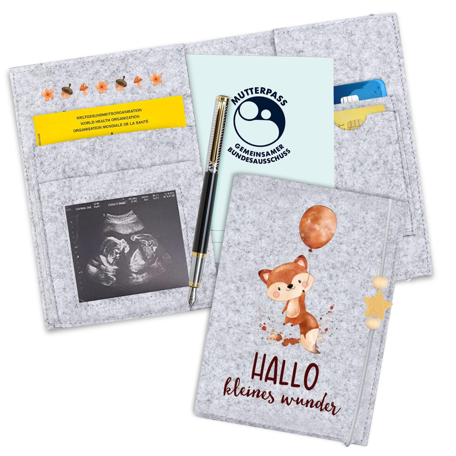 Mutterpasshülle aus Filz für Deutschen Mutterpass, Mutterpass-Schutzhülle zur Aufbewahrung von Impfpass usw,Süßes Geschenk für Schwangerinen und Zukunftige Mütter (Fuchs hellgrau)
