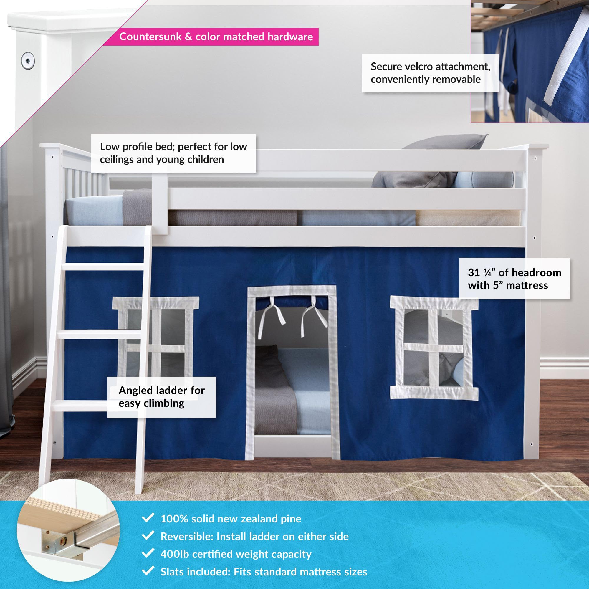 Max & Lily Low Bunk Bed, Twin-Over-Twin Bed Frame For Kids With Curtains For Bottom, White/Blue