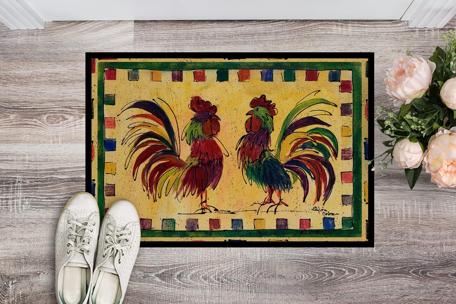 Caroline's Treasures 8062-MAT Bird - Rooster Doormat 18x27 Front Door Mat Indoor Outdoor Rugs for Entryway, Non Slip Washable Low Pile, 18H X 27W