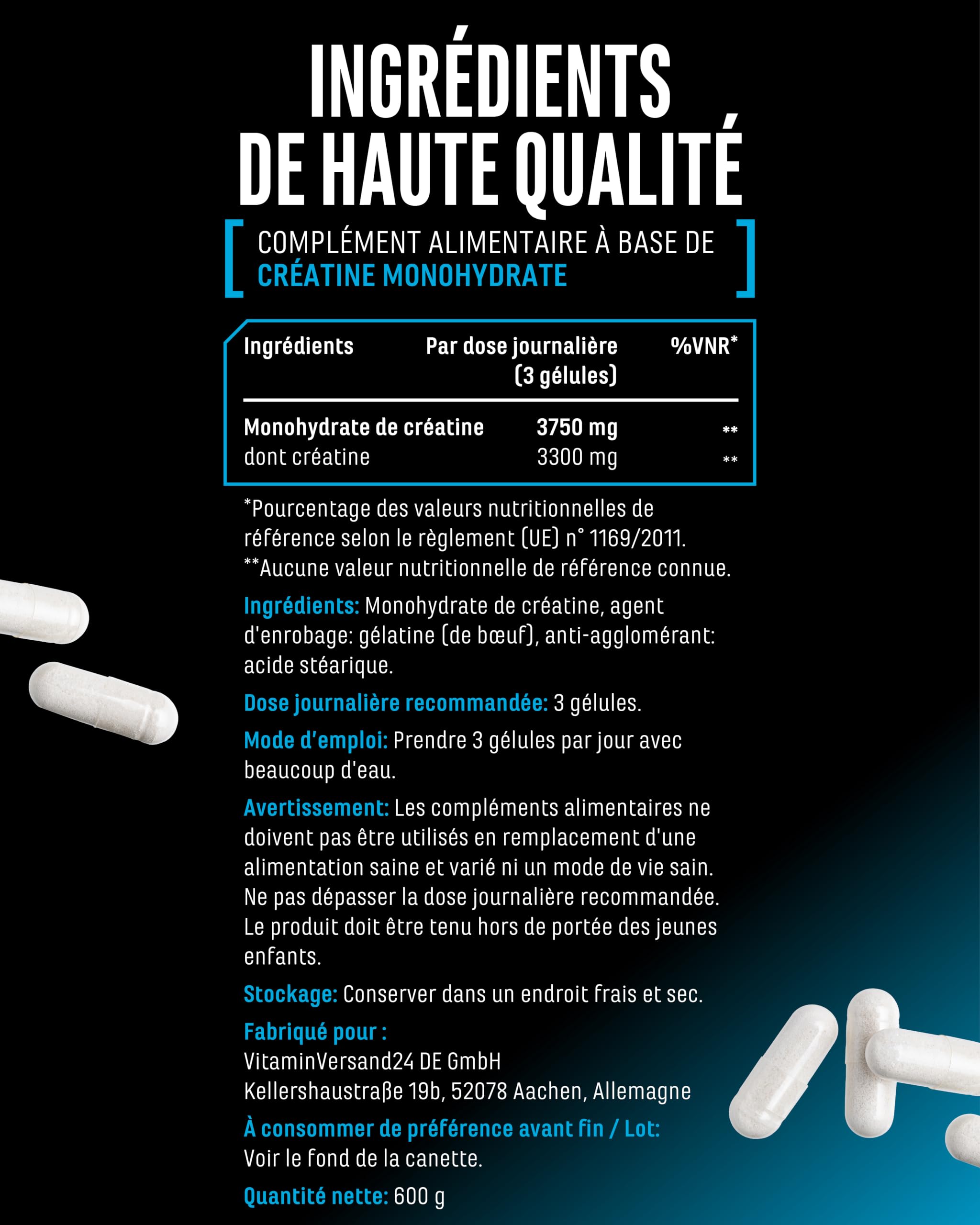 Creatine Ultra Caps - 420 Gélules avec 1250 mg de Créatine Pure Monohydrate chacune - Premium : Ultrafine + Facteur Mesh de 200 - Fortement Dosé