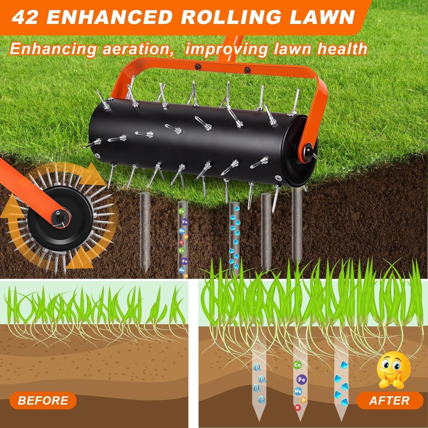 Rolling Lawn Aerator, Heavy Duty Hand Manual Spike Roller with 42 Spikes, Aerator Tool with 71" Adjustable Handle, Pre-Attached Spike Soil Push Lawn Aeration for Garden Yard Patio