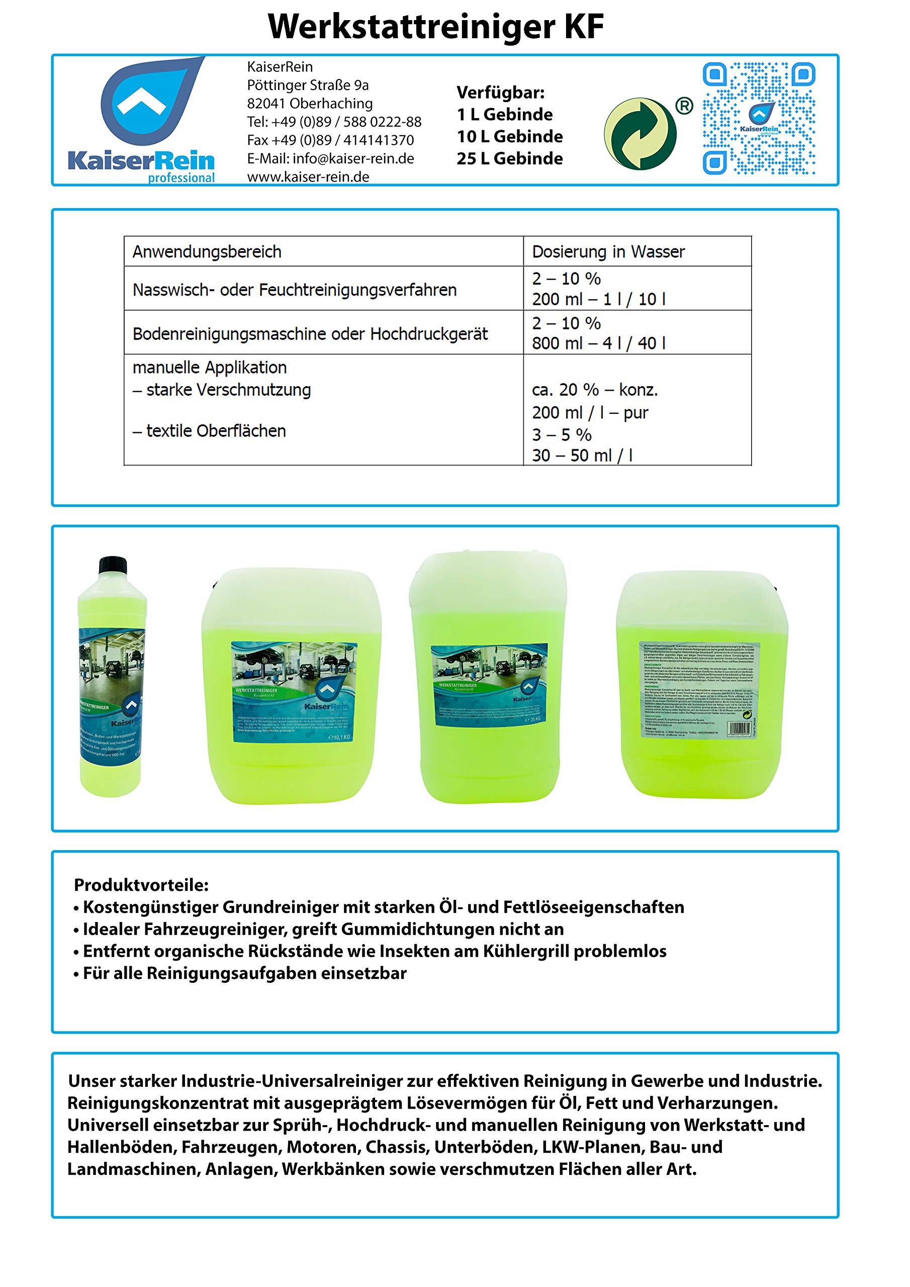 KaiserRein Werkstattreiniger Konzentrat KF im 10L Kanister (Inhalt 10,1kg) mit Pumpdrucksprüher ca. 1,5L Abd. ähnlich Boden Maschine Fahrzeug Universalreiniger Industriereiniger geeignet, HD Reiniger