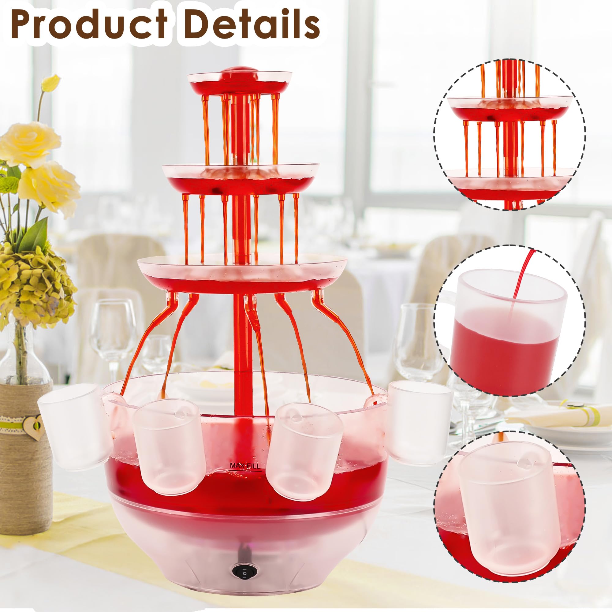 Fuente transparente de 3 niveles, fuente de bebidas de 4 l con base iluminada LED con 4 vasos reutilizables, fuente de fiesta vintage para zumos, vinos, cervezas
