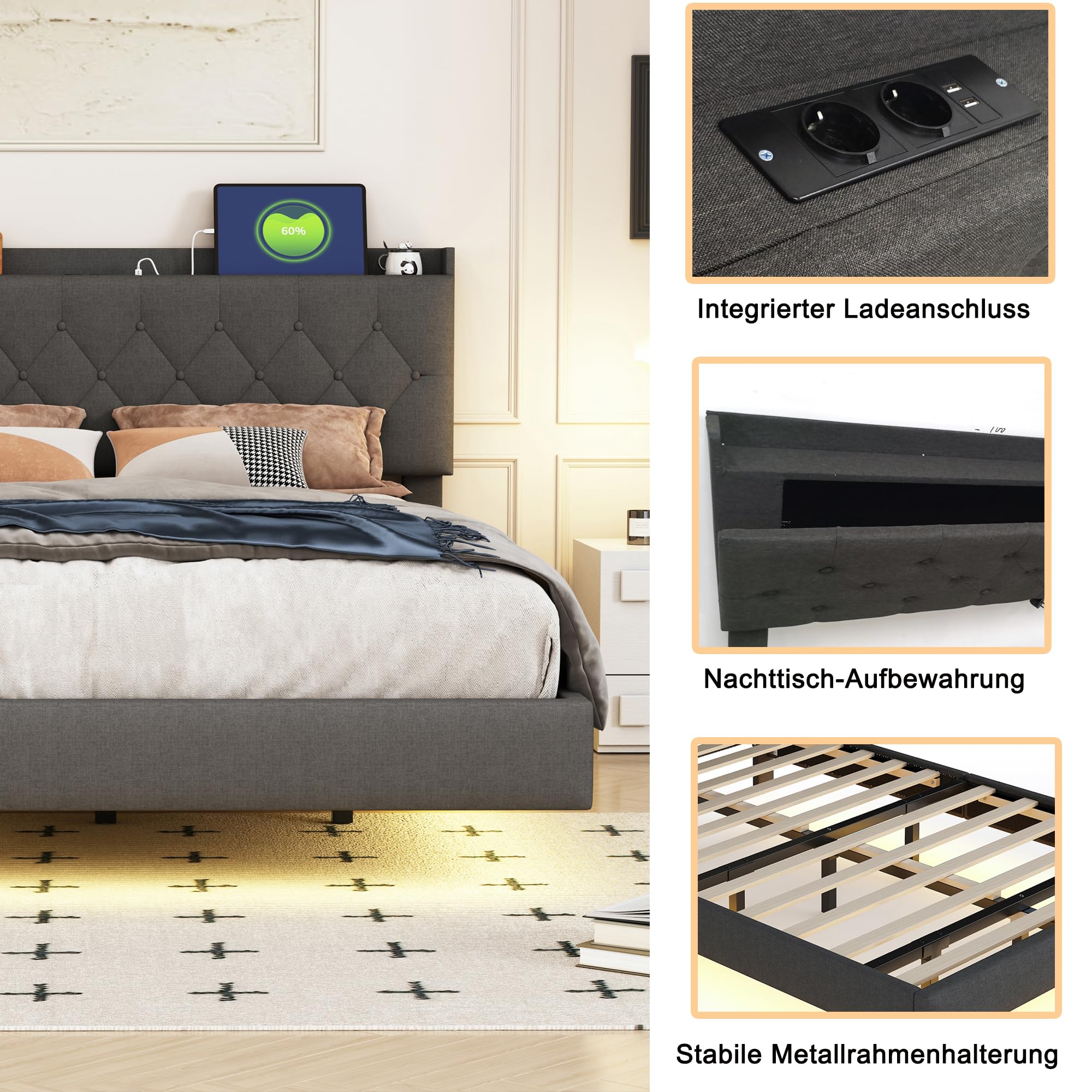 Polsterbett Schwebebett 160x200 mit LED-Beleuchtung, USB-Ladefunktion