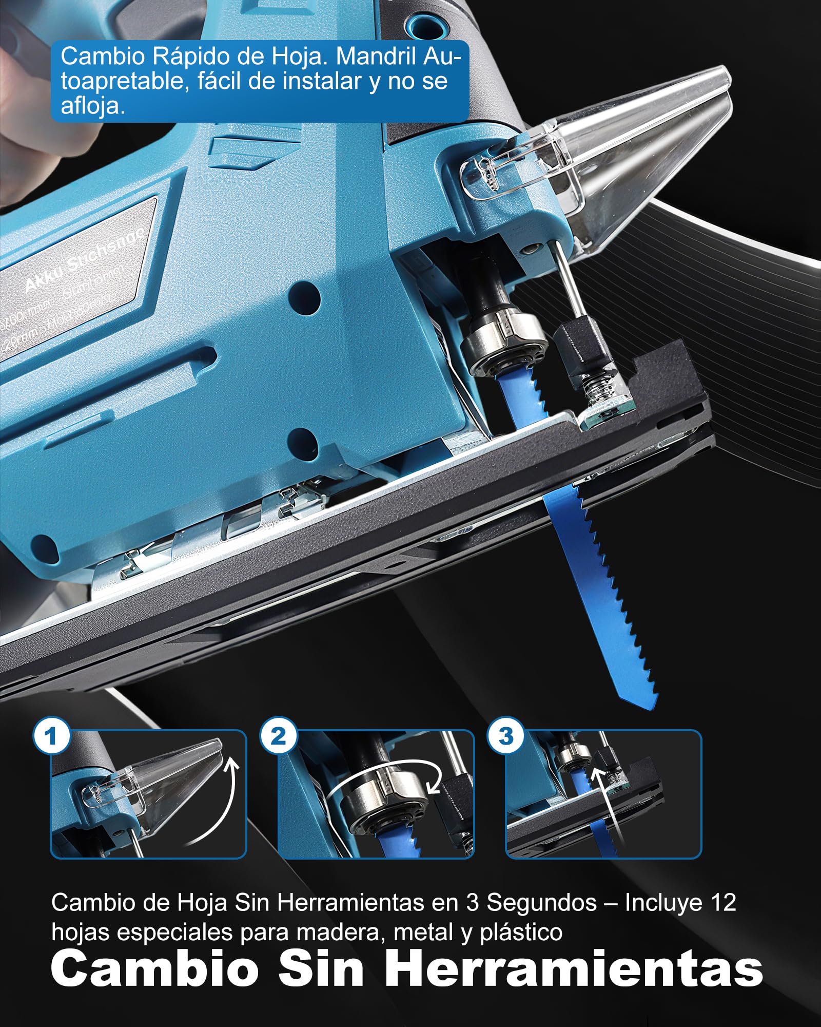 Sierra de calar inalámbrica compatible con Makita, para Einhell, para baterías Bosch, 7 niveles de control de velocidad variable, sierra de calar inalámbrica con hoja de sierra para madera, PVC