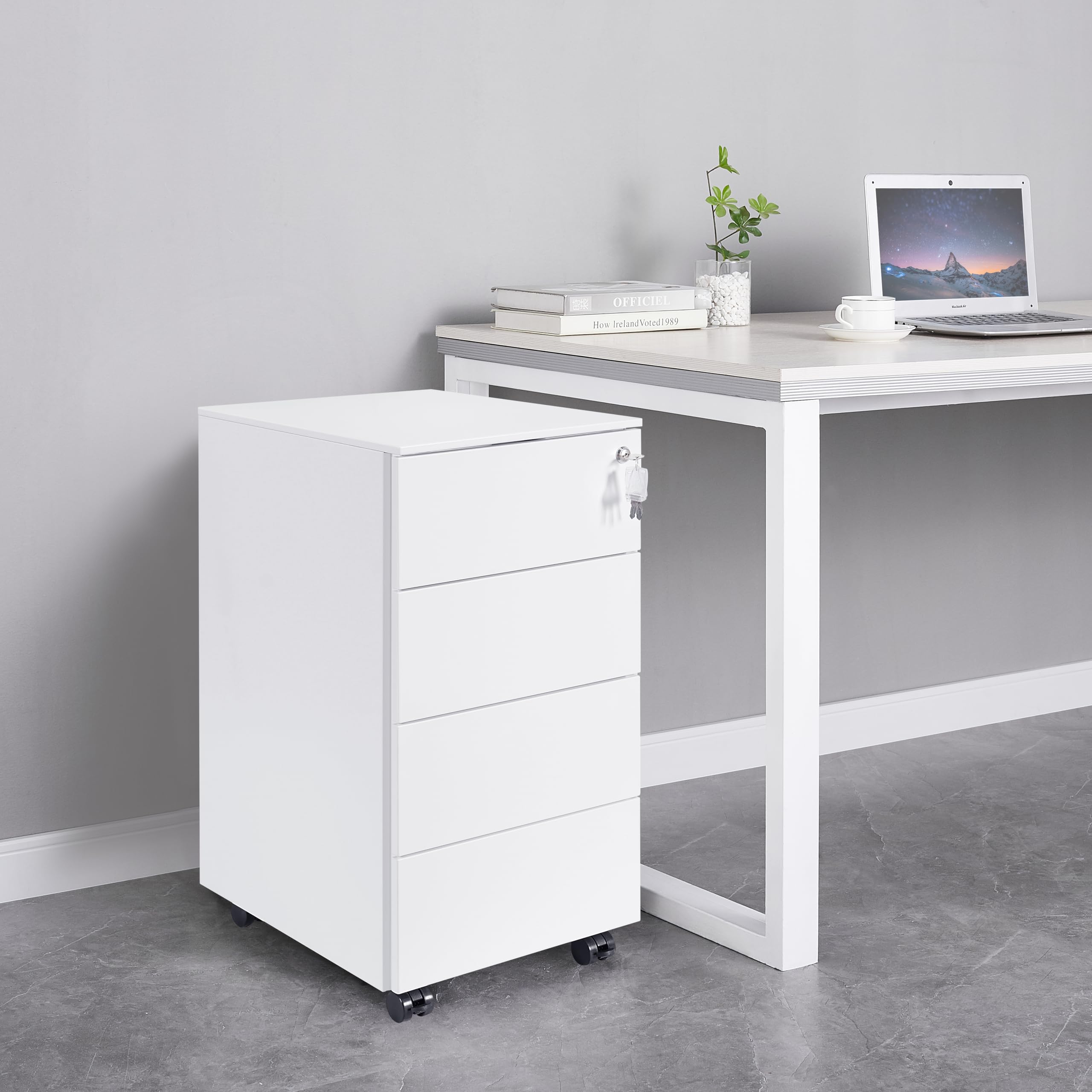 Rollcontainer mit Schubladen, Mobiler Aktenschrank unter Schreibtisch, Abschließbarer Büroschrank, Druckertisch, 4 Schubladen 4 Schlüssel, Vormontiert, Büro, Homeoffice, Weiß