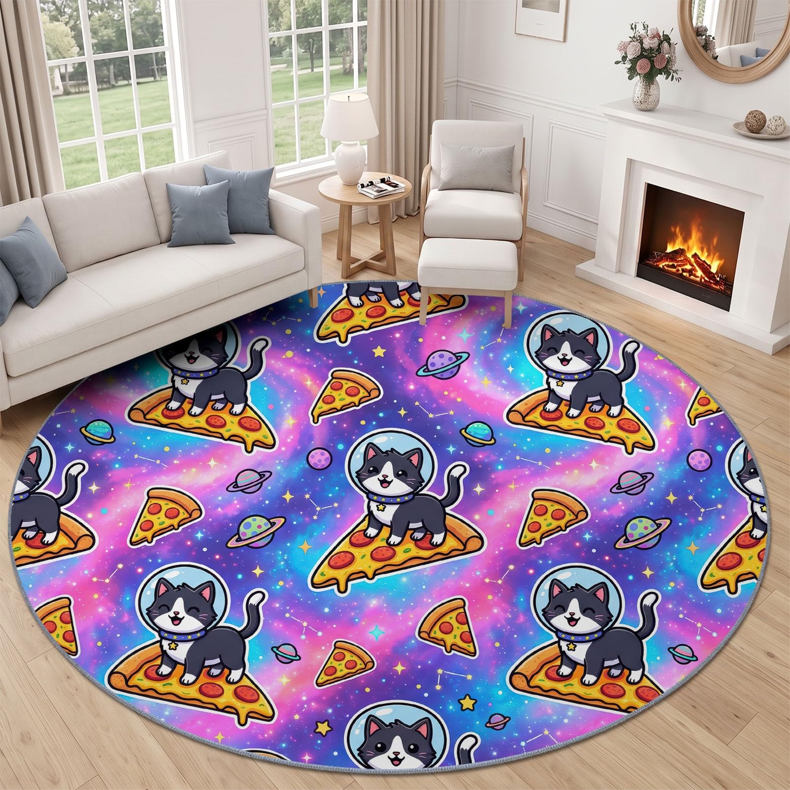 Générique Tapis Rond Multicolore 120 cm, Tapis à Poils Courts Lavable, Rond, Antidérapant et Doux, Design Animal Nourriture Chaton Ludique en Dessin Animé & Galaxie pour Amoureux des Animaux