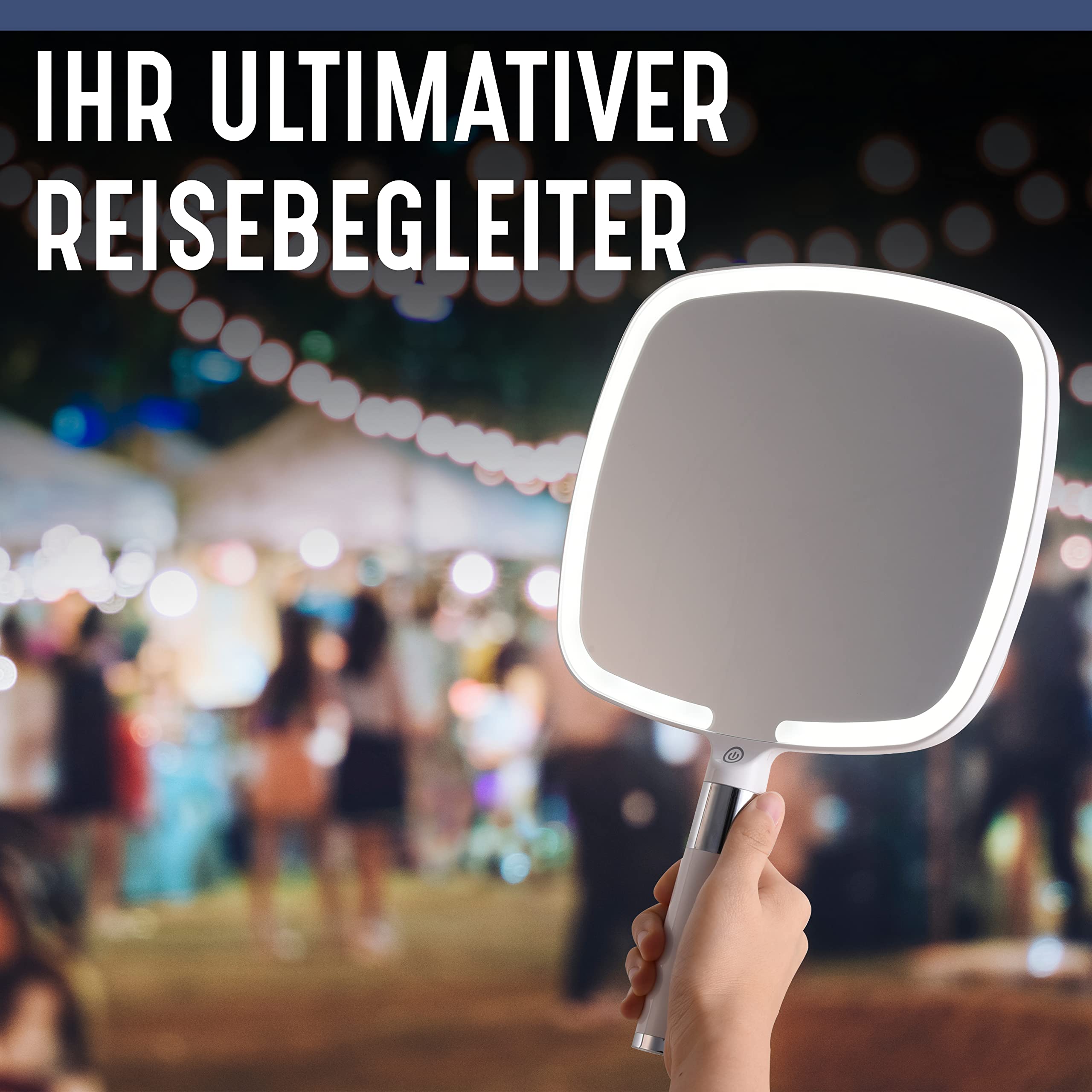 Mirrorvana® Handspiegel für Reisen - mit Beleuchtung, Komfortablem Griff, Abnehmbarem Ständer - Hand- und Tischspiegel, LED, 2-in-1