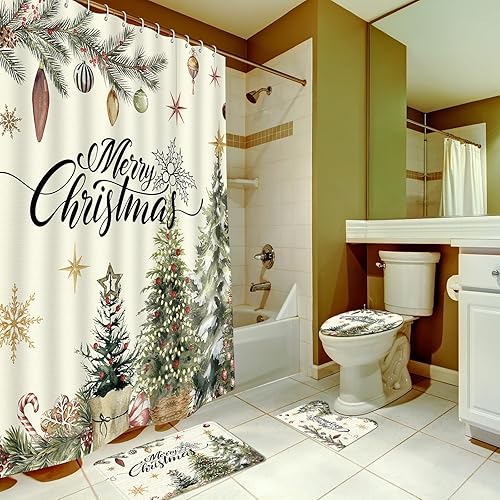 Juego de 4 cortinas de ducha negras Afro Santa Claus Merry Christmas con alfombras antideslizantes, cubierta para tapa de inodoro, juego de cortina