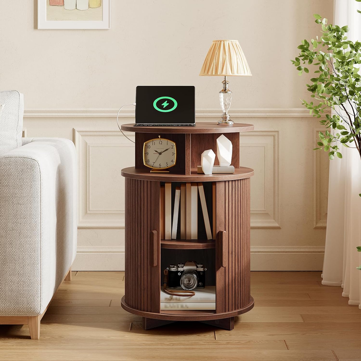 RALGEND Round Fluted End Tables, Round End Table with Charging Station, Fluted Sofa Side Table with Sliding Tambour Door and Storage, Mid-Century Nightstand for Living Room, Bedroom, Walnut