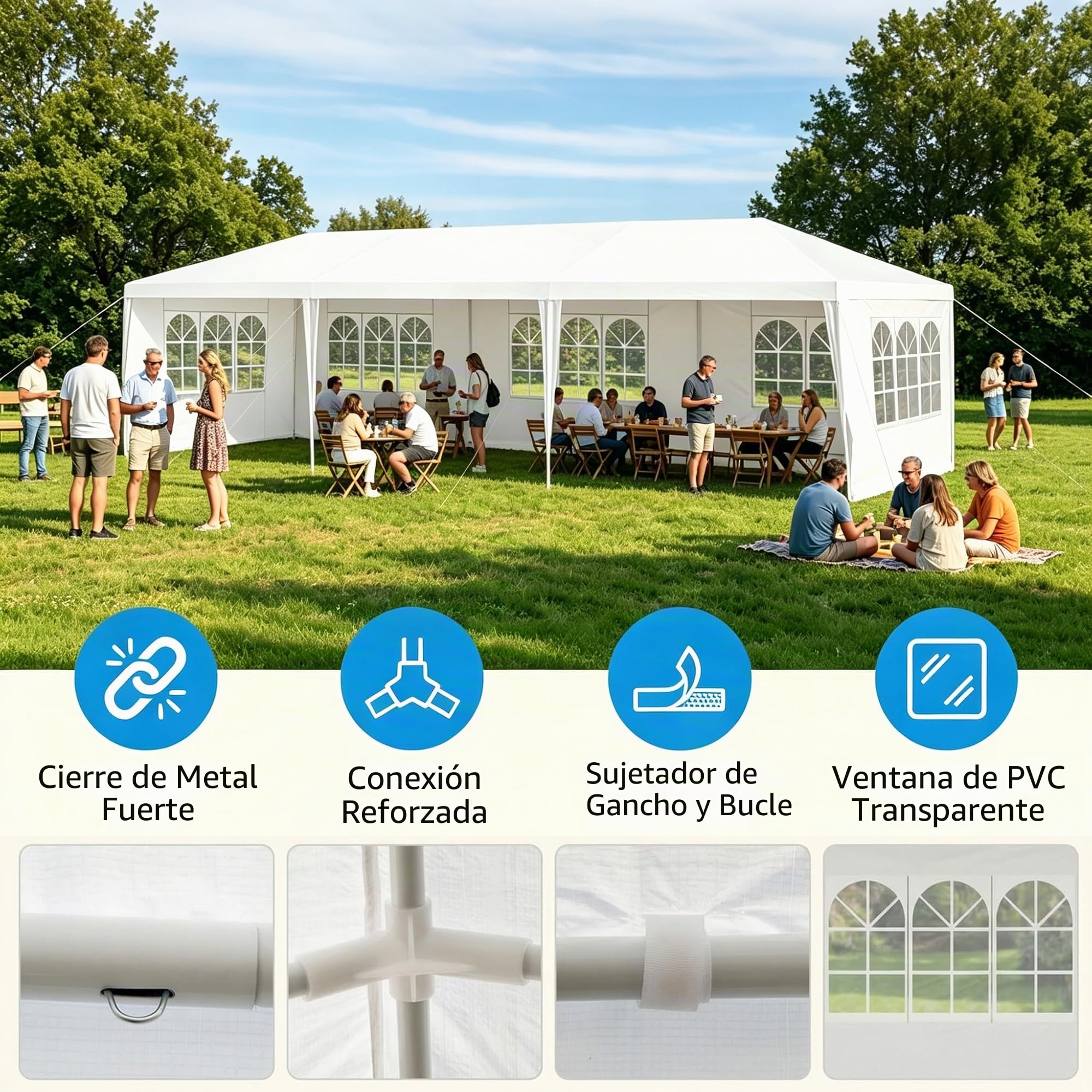 KOMFOTTEU Carpa Plegable 3 x 9 m, Cenador de Jardín con 5 Paredes Laterales Extraíbles y Ventanas, Carpa para Fiesta con Protección UV, Tienda Portátil para Eventos, Bodas, Blanco (3 x 9 m, 5 Paredes)