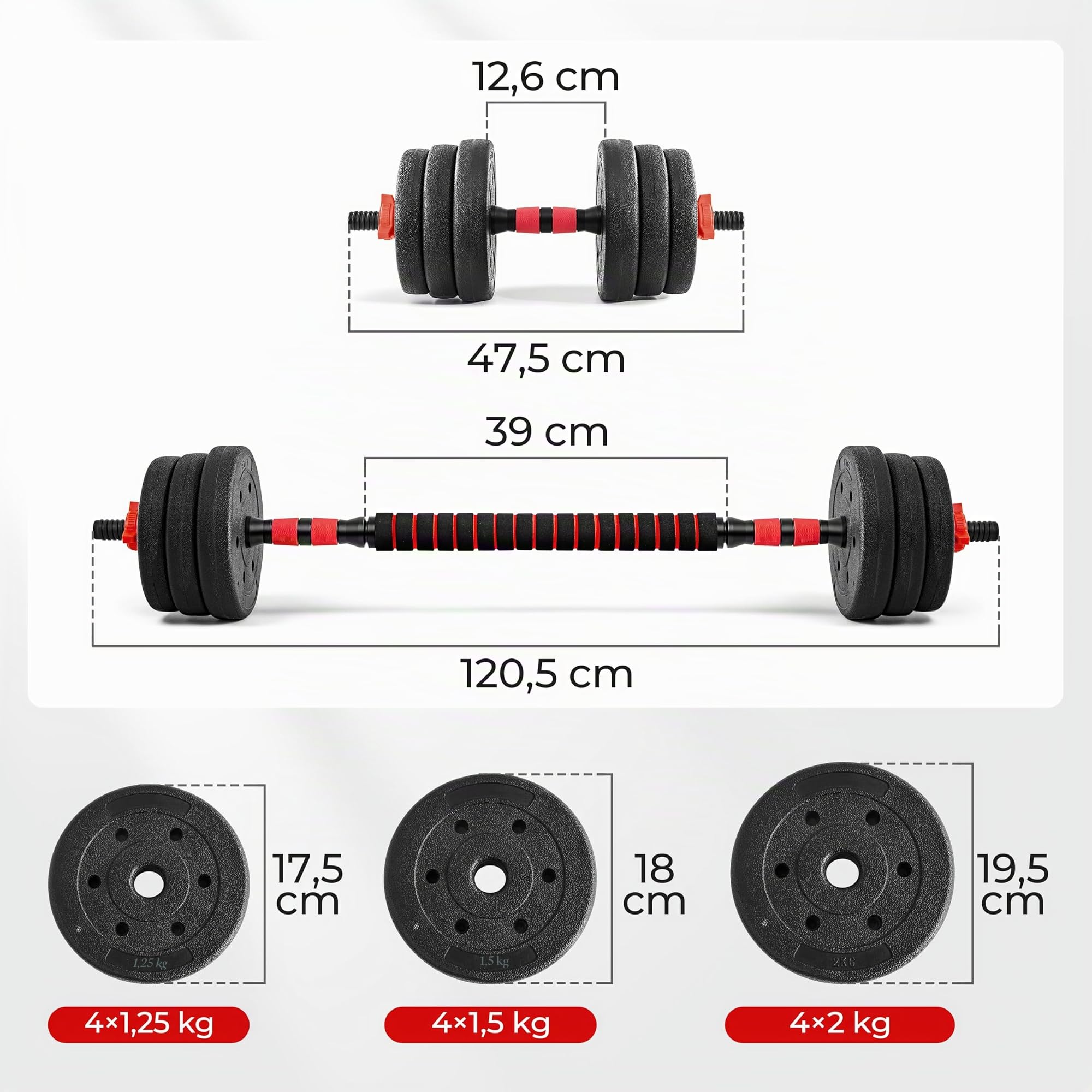 Yaheetech Kit Haltères Musculation 2 en 1 Poids 20 Kg, Haltères Réglables avec Barre et 12 Disques, Colliers à Double Verrouillage, Équipement de Musculation à la Maison, Noir